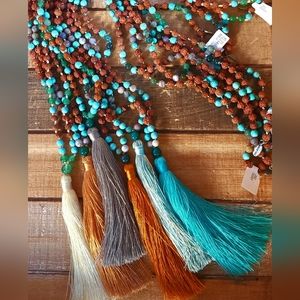 Zacasha Turquoise Ganitry Seed Tassel Drop Long Necklace NWT Aqua Burnt Orange